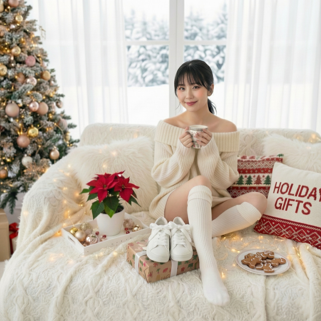 溫馨的室內聖誕布置，年輕的女性居家設計，白色耶誕禮物風格