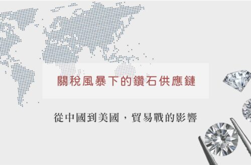 Simplified world map with sparkling round cut diamonds in the background. Text: The Diamond Supply Chain under the Tariff Storm: The Far-Reaching Impact of the Trade War from China to the United States.