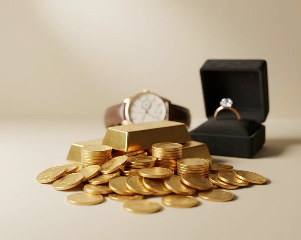 黃金金條與金幣堆疊，搭配戒指與手錶，象徵黃金保值與投資收藏的價值