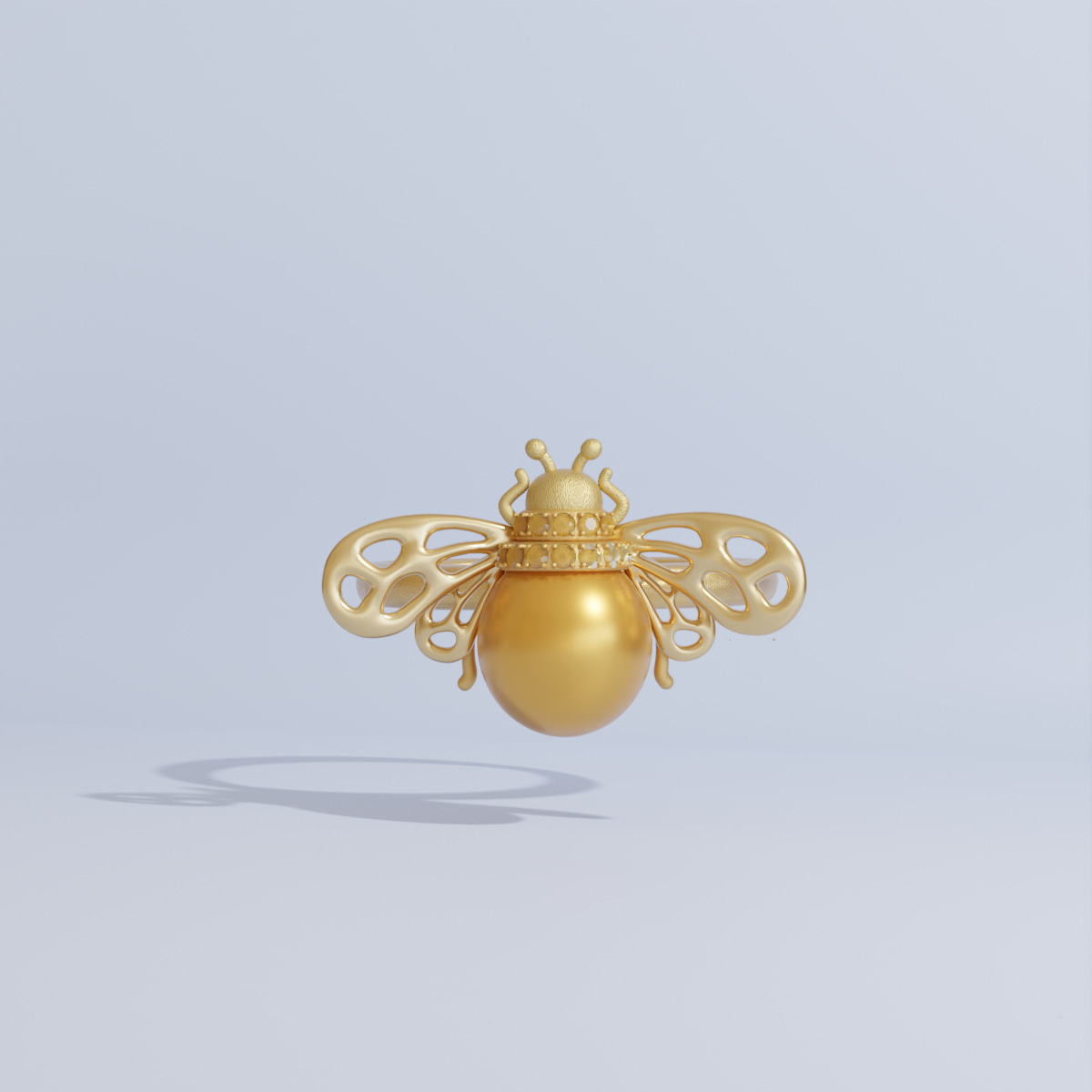 一只蜜蜂黃 K金戒指智於畫面中央，戒指鑲嵌黃色寶石與巴洛克橢圓形珍珠，優雅簡約的珠寶設計。