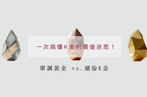 三塊金屬分別演示,白金色,玫瑰金色,黃金色。乾淨的背景色。標題字:一次搞懂K金的價值迷失!