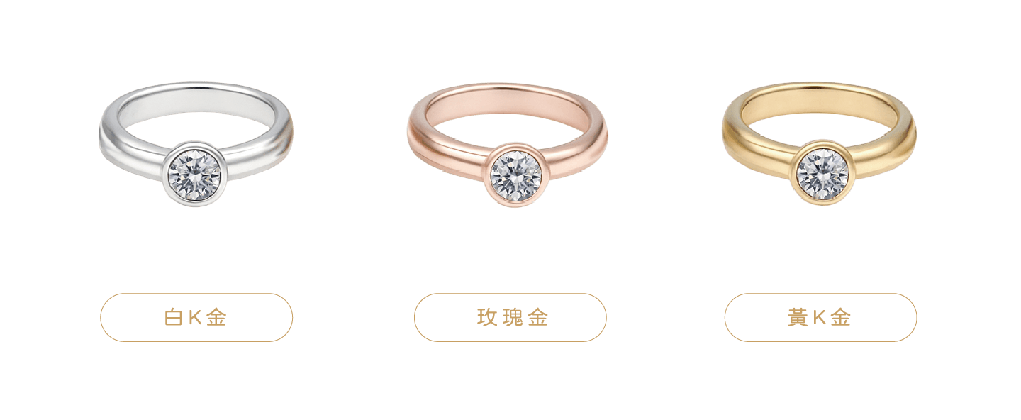 三個相同尺寸與造型的戒指分別演示，白金色，玫瑰金色，黃金色。乾淨的背景色。教你簡單辨識三種K金顏色。